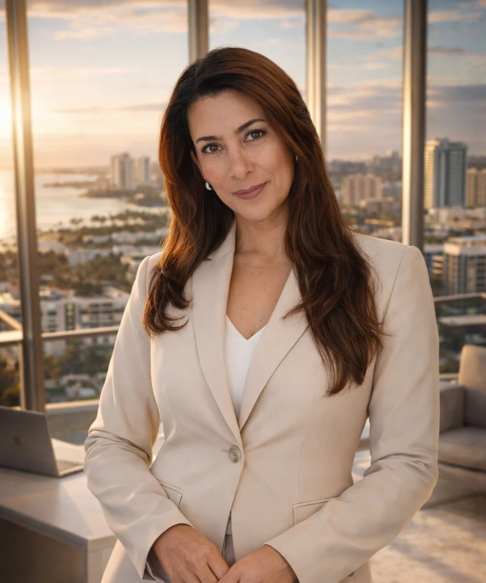 Professional portrait of Luz Angela Agredo, a Systems Engineer and Broker Associate at LPT Realty, in a luxury high-rise office overlooking Palm Beach.