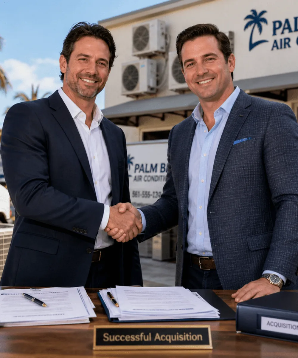 Two professional male business partners shaking hands over signed acquisition contracts for a Palm Beach air conditioning company.