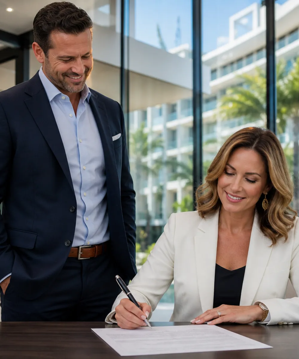Professional female entrepreneur signing business acquisition documents with her advisor in a modern Palm Beach office setting.