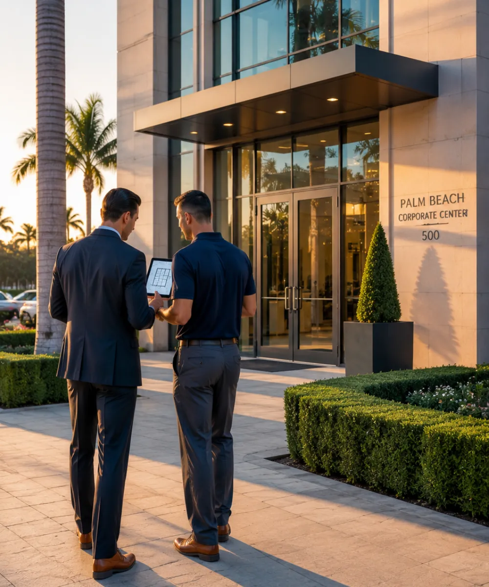 Two professional real estate managers in business attire inspecting a Palm Beach corporate building exterior while reviewing asset data on a tablet.