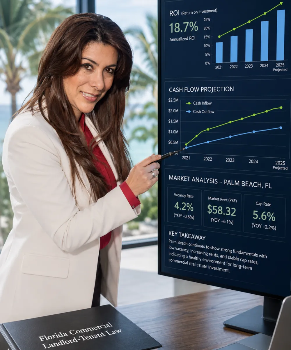 A portrait of real estate broker Luz Angela Agredo pointing to a monitor displaying detailed Palm Beach commercial investment analytics including ROI, cash flow projections, and market analysis (vacancy, rent, cap rate). Her desk holds a 'Florida Commercial Landlord-Tenant Law' binder and a 'Profitability Analysis Request'.