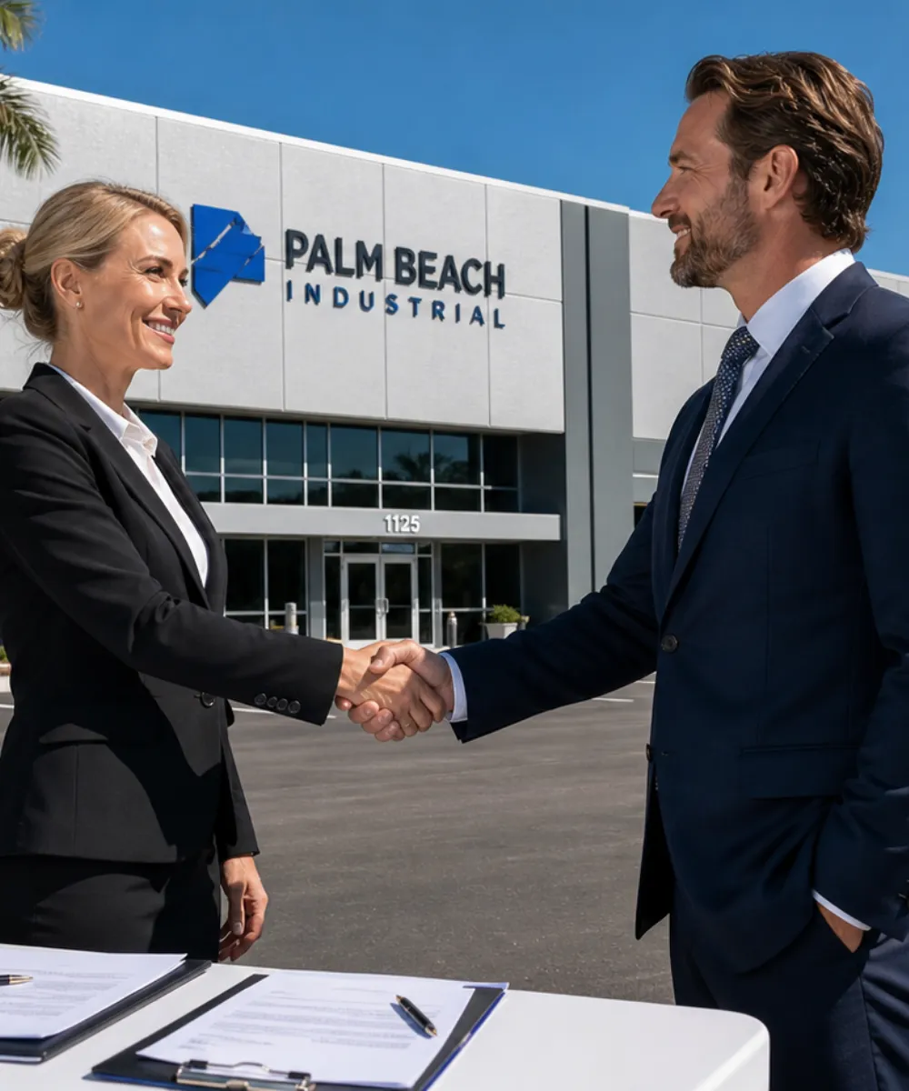 Professional male and female business brokers shaking hands in front of a Palm Beach Industrial building after a successful transaction.
