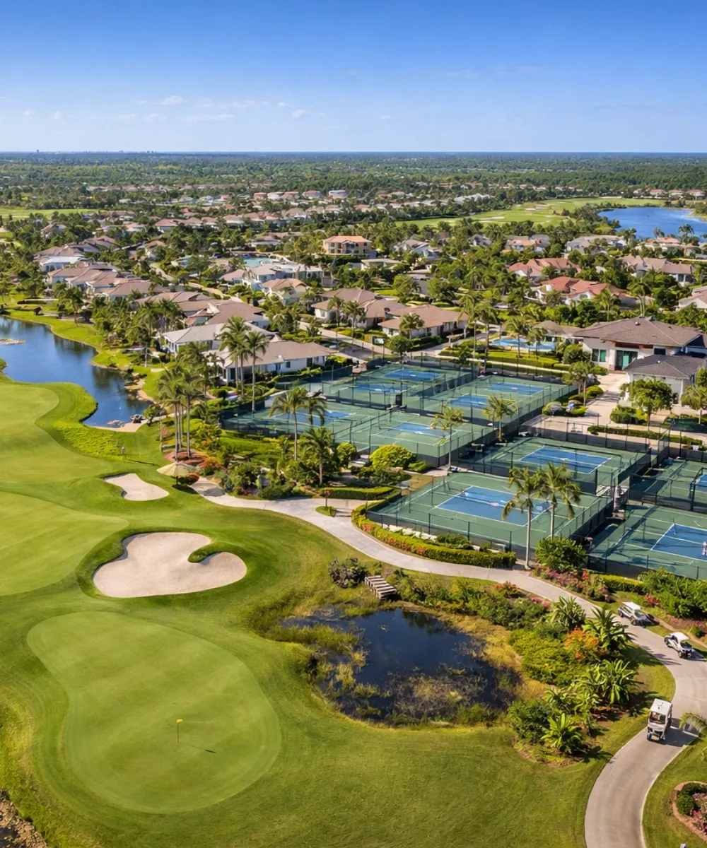 Aerial view of a luxury Palm Beach gated country club community featuring a professional golf course, extensive tennis court complex, expansive club facilities, and lakefront mansions.
