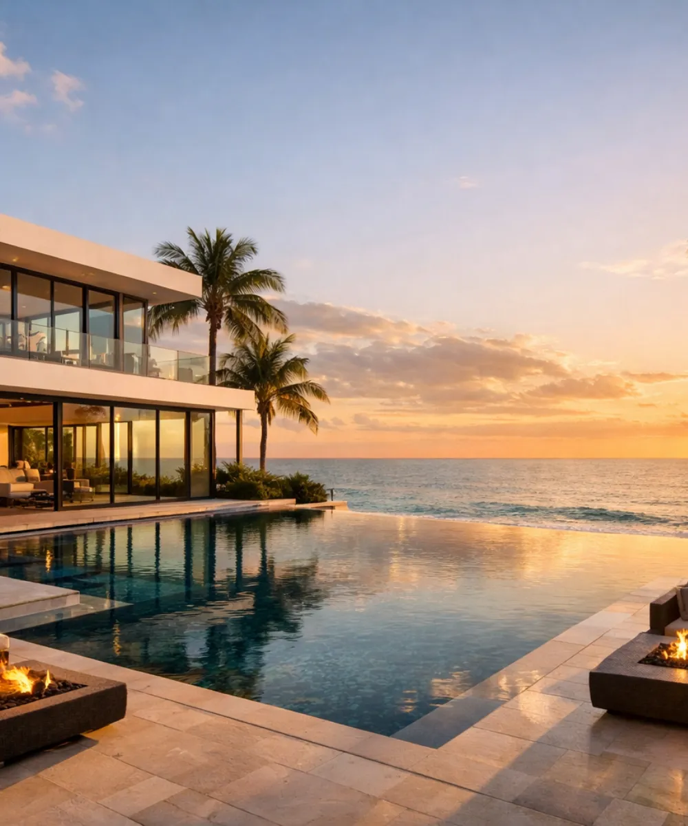 Luxury oceanfront residential mansion in Palm Beach featuring a modern infinity pool, outdoor lounge with fire pits, and sunset beach views.
