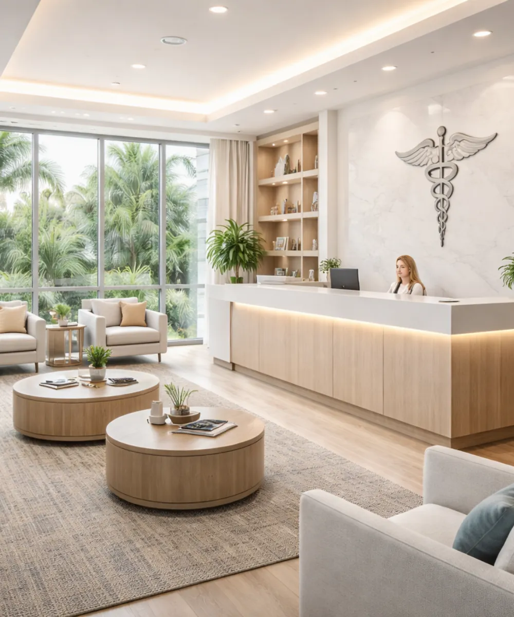 Vertical interior view of a modern, upscale medical office reception area with natural wood finishes, a caduceus symbol, large windows looking out to palm trees, and a receptionist.
