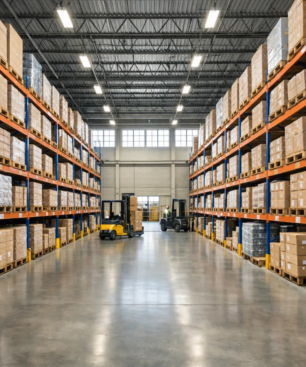 Vertical interior shot of a clean modern South Florida warehouse with high shelving units filled with boxes, concrete flooring, two forklifts, and large windows.
