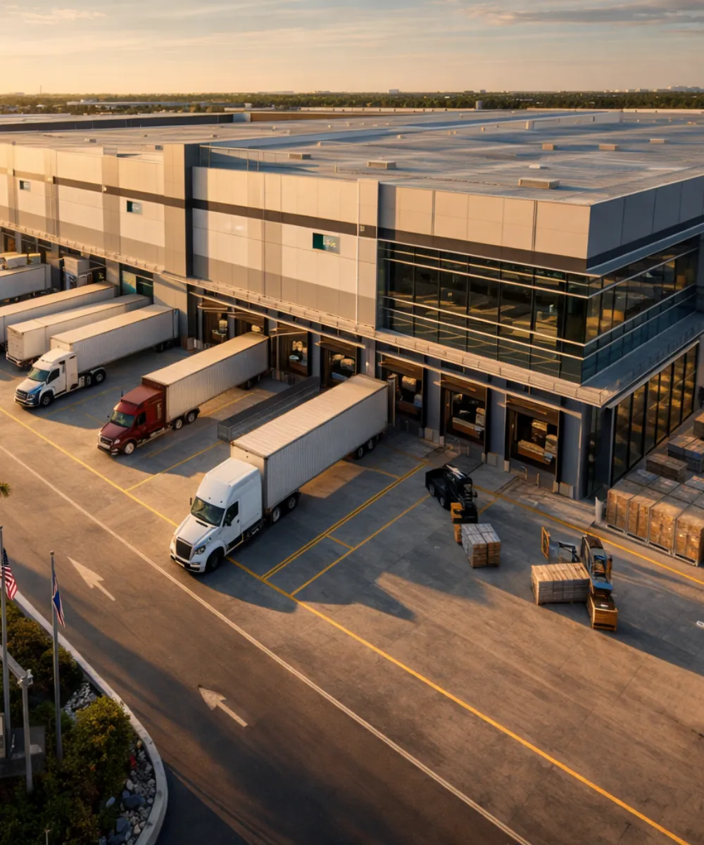 Vertical aerial view of a large modern logistics corridor warehouse with multiple loading docks, semi-trucks, and palm trees during a golden hour sunset.