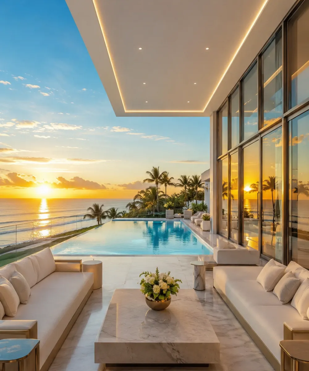 A high-end vertical view of a luxury Palm Beach mansion terrace at sunset, featuring a clean-lined infinity pool overlooking the ocean, high-ceilings with recessed linear lighting, marble flooring, and designer outdoor furniture.