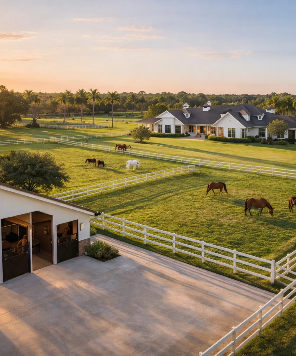 Aerial view of a professional equestrian estate in Wellington, Florida, featuring luxury stables, fenced horse paddocks, and a grand ranch-style mansion at sunset.