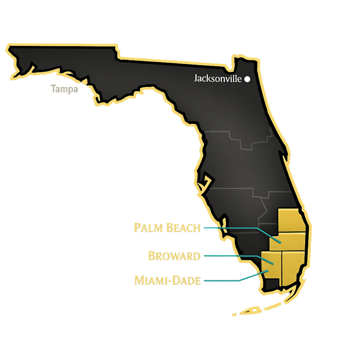 Florida coverage map highlighting Palm Beach, Broward, and Miami-Dade counties served by Angela Properties USA.